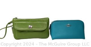 Two (2) Small Coach Handbags Including Green Wristlit and Blue Cosmetic Bag