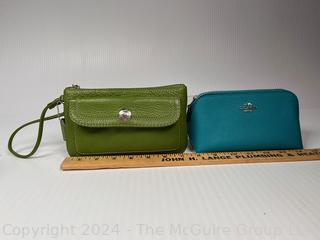 Two (2) Small Coach Handbags Including Green Wristlit and Blue Cosmetic Bag