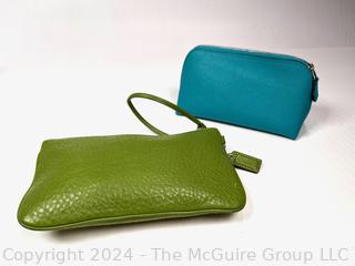 Two (2) Small Coach Handbags Including Green Wristlit and Blue Cosmetic Bag