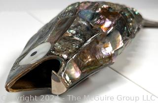 Mid Century Made in Mexico Articulated with Abalone Shell Scales: Fish Shaped Bottle Opener. Measures 14"L