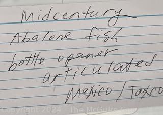Mid Century Made in Mexico Articulated with Abalone Shell Scales: Fish Shaped Bottle Opener. Measures 14"L