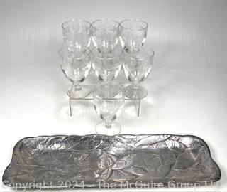 Arthur Court Pewter Tray and Set of Etched Crystal Wine Goblets