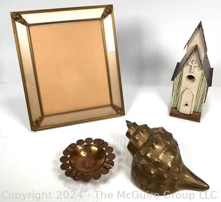 Glass Frame, Brass Conch Shell, Church Birdhouse and 1950s Mexican Coin Ashtray 