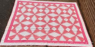 Hand Stitched Pink and White Quilt in the Pineapple Pattern. 73" x 85"