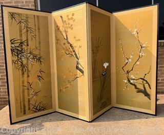 Japanese Double Sided Four (4) Panel Embroidered Silk Flower Cart & Bonsai Tree Folding Screen Room Divider Signed by Artist.  Some damage.  65" tall and 112"(28" x 4)