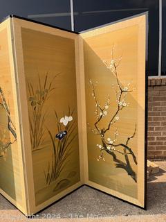 Japanese Double Sided Four (4) Panel Embroidered Silk Flower Cart & Bonsai Tree Folding Screen Room Divider Signed by Artist.  Some damage.  65" tall and 112"(28" x 4)