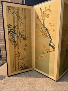 Japanese Double Sided Four (4) Panel Embroidered Silk Flower Cart & Bonsai Tree Folding Screen Room Divider Signed by Artist.  Some damage.  65" tall and 112"(28" x 4)