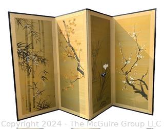 Japanese Double Sided Four (4) Panel Embroidered Silk Flower Cart & Bonsai Tree Folding Screen Room Divider Signed by Artist.  Some damage.  65" tall and 112"(28" x 4)