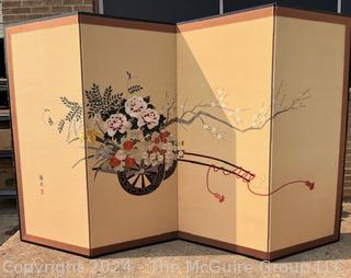 Japanese Double Sided Four (4) Panel Embroidered Silk Flower Cart & Bonsai Tree Folding Screen Room Divider Signed by Artist.  Some damage.  65" tall and 112"(28" x 4)