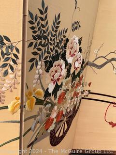 Japanese Double Sided Four (4) Panel Embroidered Silk Flower Cart & Bonsai Tree Folding Screen Room Divider Signed by Artist.  Some damage.  65" tall and 112"(28" x 4)