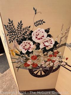 Japanese Double Sided Four (4) Panel Embroidered Silk Flower Cart & Bonsai Tree Folding Screen Room Divider Signed by Artist.  Some damage.  65" tall and 112"(28" x 4)