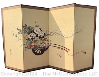 Japanese Double Sided Four (4) Panel Embroidered Silk Flower Cart & Bonsai Tree Folding Screen Room Divider Signed by Artist.  Some damage.  65" tall and 112"(28" x 4)