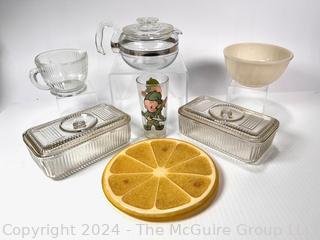 Pyrex Flameware Coffee Pot, Fire King Mixing Bowl, Refrigerator Boxes, Lucite Lemon Slice Trivet 