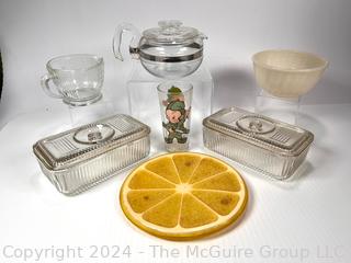 Pyrex Flameware Coffee Pot, Fire King Mixing Bowl, Refrigerator Boxes, Lucite Lemon Slice Trivet 