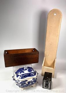 Wood Wall Hanging Boxes, Brownie Box Camera, and Copeland Spode Blue Willow Tureen with Lid