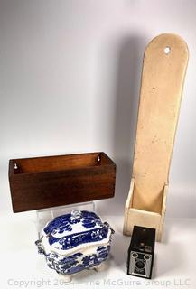 Wood Wall Hanging Boxes, Brownie Box Camera, and Copeland Spode Blue Willow Tureen with Lid