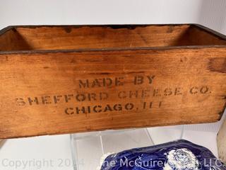 Wood Wall Hanging Boxes, Brownie Box Camera, and Copeland Spode Blue Willow Tureen with Lid