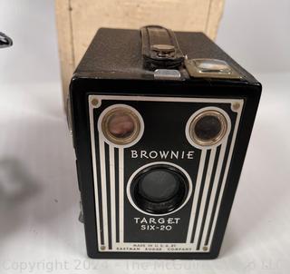 Wood Wall Hanging Boxes, Brownie Box Camera, and Copeland Spode Blue Willow Tureen with Lid