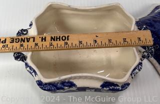 Wood Wall Hanging Boxes, Brownie Box Camera, and Copeland Spode Blue Willow Tureen with Lid