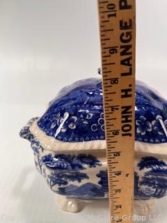 Wood Wall Hanging Boxes, Brownie Box Camera, and Copeland Spode Blue Willow Tureen with Lid