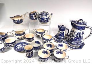 Set of Blue Willow Ware Porcelain Tea Pots, Cups, Bowls, Accessories Stamped Moriyama Japan c 1920