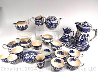 Set of Blue Willow Ware Porcelain Tea Pots, Cups, Bowls, Accessories Stamped Moriyama Japan c 1920