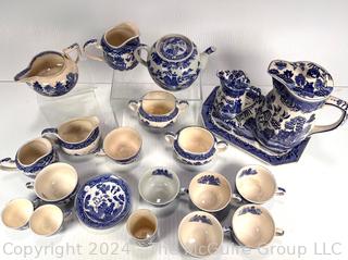 Set of Blue Willow Ware Porcelain Tea Pots, Cups, Bowls, Accessories Stamped Moriyama Japan c 1920