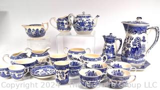 Set of Blue Willow Ware Porcelain Tea Pots, Cups, Bowls, Accessories Stamped Moriyama Japan c 1920