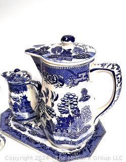 Set of Blue Willow Ware Porcelain Tea Pots, Cups, Bowls, Accessories Stamped Moriyama Japan c 1920