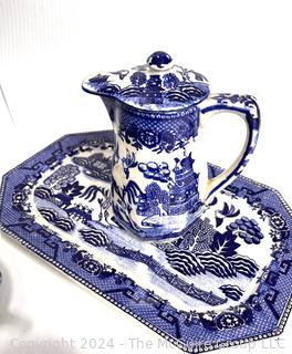 Set of Blue Willow Ware Porcelain Tea Pots, Cups, Bowls, Accessories Stamped Moriyama Japan c 1920