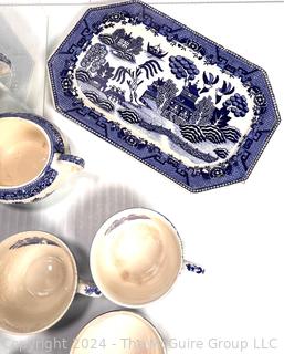 Set of Blue Willow Ware Porcelain Tea Pots, Cups, Bowls, Accessories Stamped Moriyama Japan c 1920