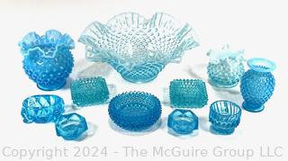 Collection of Blue Fenton Hobnail and Ruffle Edge Glass

