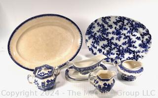 Blue Willow Ware Woods & Sons England Including Sugar Bowl, Creamer, Gravy Boat, Pitcher & Mercer Platter