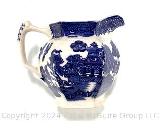 Blue Willow Ware Woods & Sons England Including Sugar Bowl, Creamer, Gravy Boat, Pitcher & Mercer Platter