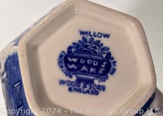 Blue Willow Ware Woods & Sons England Including Sugar Bowl, Creamer, Gravy Boat, Pitcher & Mercer Platter