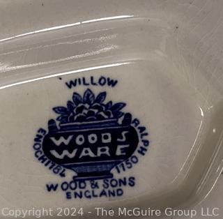 Blue Willow Ware Woods & Sons England Including Sugar Bowl, Creamer, Gravy Boat, Pitcher & Mercer Platter