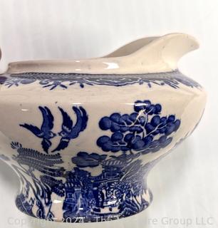 Blue Willow Ware Woods & Sons England Including Sugar Bowl, Creamer, Gravy Boat, Pitcher & Mercer Platter