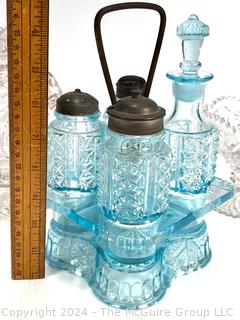 Blue Art Glass Cruet Condiment Set in Holder