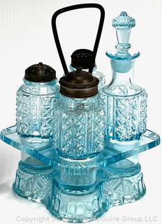 Blue Art Glass Cruet Condiment Set in Holder