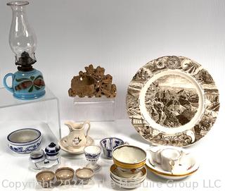 Group of Porcelain Serving Ware, Carved Decoration and Oil Lamp  