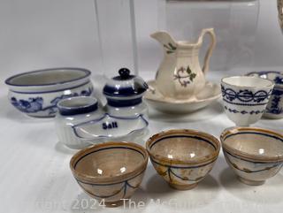 Group of Porcelain Serving Ware, Carved Decoration and Oil Lamp  