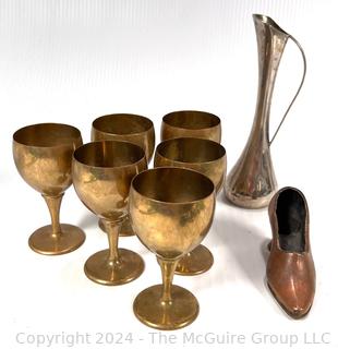 Metal Goblets, Pitcher and Decorative Brass Shoe