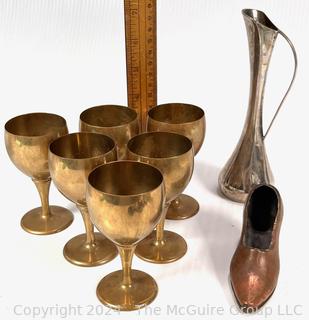 Metal Goblets, Pitcher and Decorative Brass Shoe