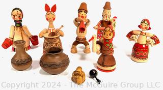 Souvenir Travel Items Including Two (2) Hand-thrown Vases from Chile and Russian Folk-Art Wooden Dolls 