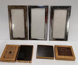 Three Milk White Glass Lighting Panels in Metal Frames and Collection of Antique Glass Negatives circa 1900's