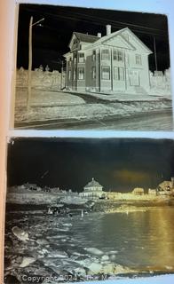 Three Milk White Glass Lighting Panels in Metal Frames and Collection of Antique Glass Negatives circa 1900's