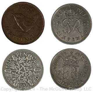 Four British Wartime Coins: Farthing and Six Pence (x3) Various Dates