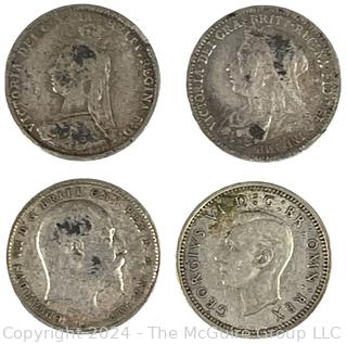 Four (4) Different British 3 Pence Coins (various dates) Victoria; Edward VII and George VI