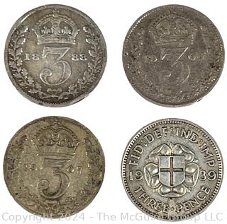 Four (4) Different British 3 Pence Coins (various dates) Victoria; Edward VII and George VI