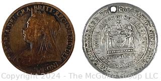 1911 Coronation of King George V & Queen Mary Souvenir Medallion Fob Medal and 1898 Queen Victoria one penny coin